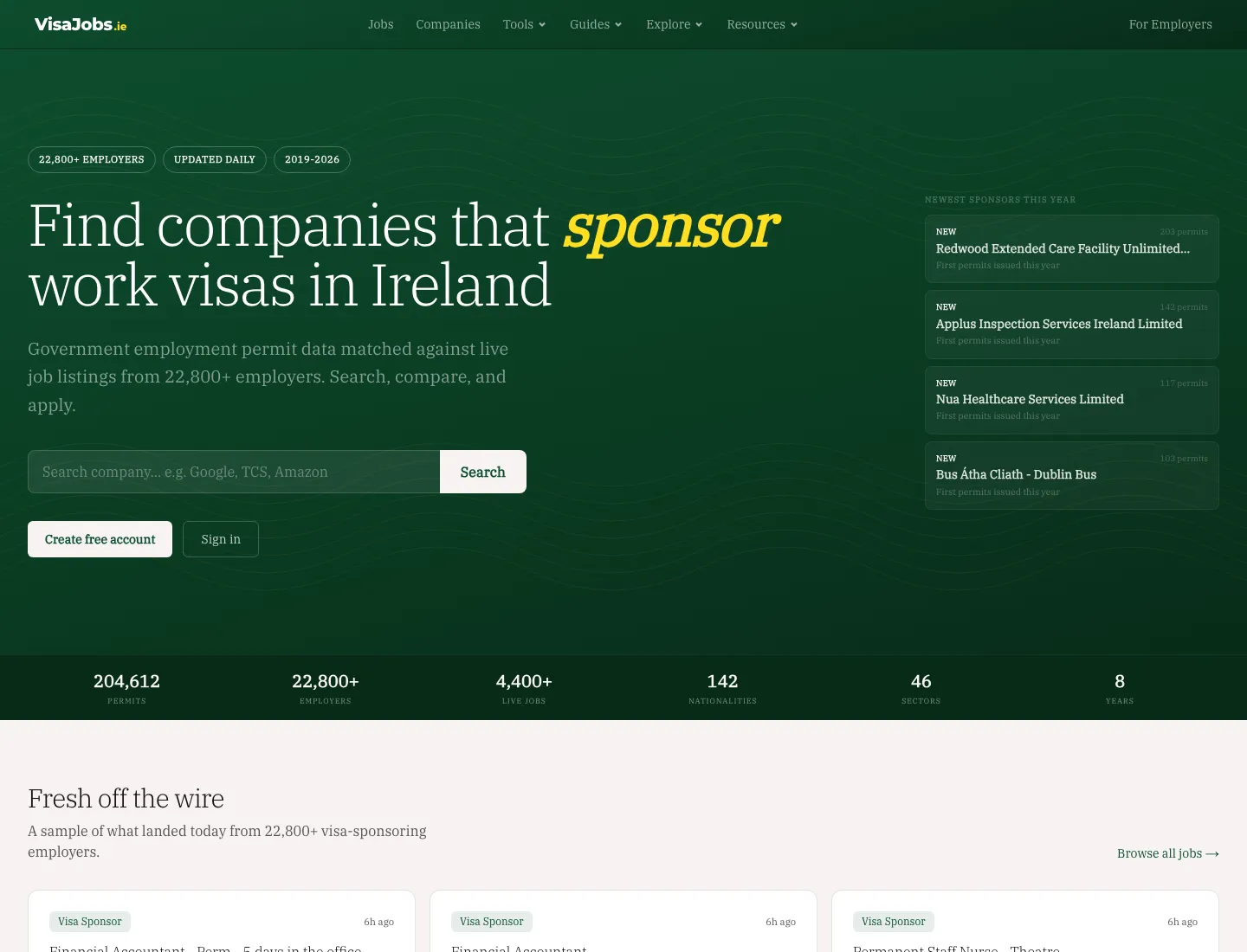 VisaJobs Ireland search experience showing sponsor-backed job discovery